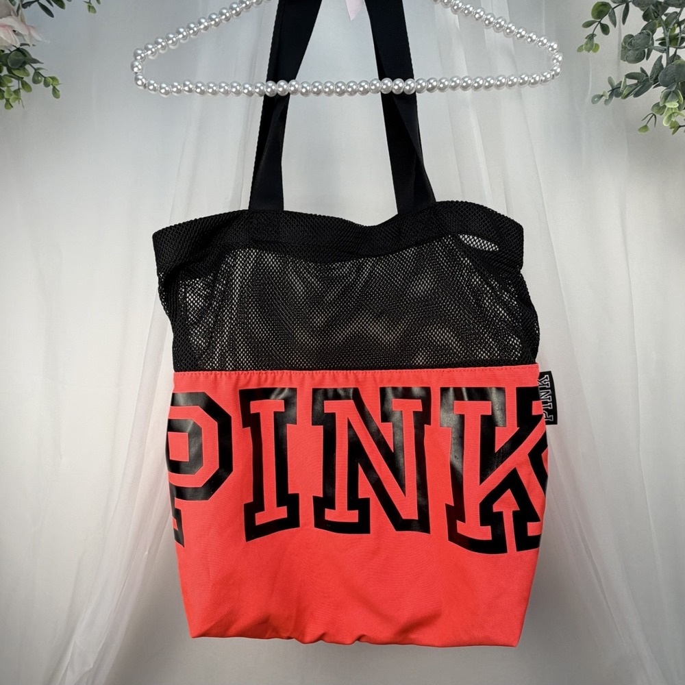 Victoria Secret PINK Tote Beach Bag Neon/Black Mesh Upper 17"x16"